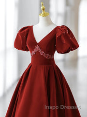 Wine Red Velvet V-Neckline Beaded Short Sleeves Party Dress, Wine Red Long Evening Prom Dress