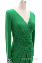 Women Long Mother of Bride Dress Green Grey Long Sleeve V Neck Evening Prom Dress