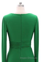 Women Long Mother of Bride Dress Green Grey Long Sleeve V Neck Evening Prom Dress