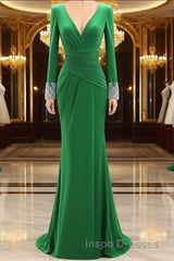 Women Long Mother of Bride Dress Green Grey Long Sleeve V Neck Evening Prom Dress