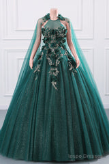 Womens Beaded Applique Tulle Emerald Green Prom Ball Gowns Quinceanera Dress A-Line Wedding Bridesmaid Eveniing Dresses