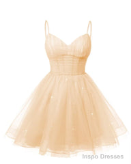 Womens V Neck Tulle Spaghetti Straps Champagne Homecoming Dresses with Corset Back Short Prom Gowns for Teens