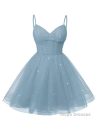 Womens V Neck Tulle Spaghetti Straps Dusty Blue Homecoming Dresses with Corset Back Short Prom Gowns for Teens