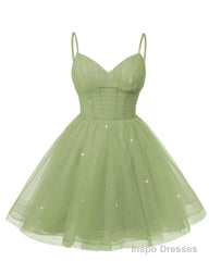 Womens V Neck Tulle Spaghetti Straps Dusty Sage Homecoming Dresses with Corset Back Short Prom Gowns for Teens