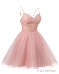 Womens V Neck Tulle Spaghetti Straps Dusty Blue Homecoming Dresses with Corset Back Short Prom Gowns for Teens