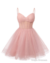Womens V Neck Tulle Spaghetti Straps Dusty Blue Homecoming Dresses with Corset Back Short Prom Gowns for Teens