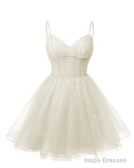 Womens V Neck Tulle Spaghetti Straps Ivory Homecoming Dresses with Corset Back Short Prom Gowns for Teens