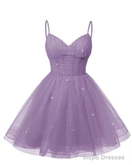 Womens V Neck Tulle Spaghetti Straps Wisteria Homecoming Dresses with Corset Back Short Prom Gowns for Teens