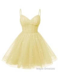 Womens V Neck Tulle Spaghetti Straps Yellow Homecoming Dresses with Corset Back Short Prom Gowns for Teens