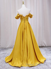Yellow A-line Satin Long Evening Prom Dress, Yellow Formal Dress