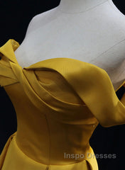 Yellow A-Line Simple Satin Off Shoulder Evening Prom Dress, Yellow Satin Formal Dress