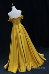 Yellow A-Line Simple Satin Off Shoulder Evening Prom Dress, Yellow Satin Formal Dress