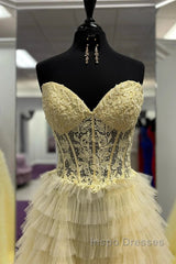 Yellow A-Line Strapless Multi-Layers Sweetheart Tulle Beaded Long Evening Prom Dress With Slit