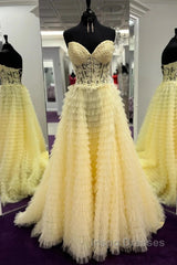 Yellow A-Line Strapless Multi-Layers Sweetheart Tulle Beaded Long Evening Prom Dress With Slit