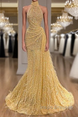 Yellow Evening Dress Long High Neck Sparkly Feather Luxury Bling Evening Gown Formal Evening Prom Dress