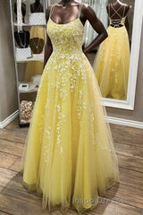 Yellow Lace Backless A Line Long Evening Prom Dress Open Back Formal Dress Yellow Evening Dress