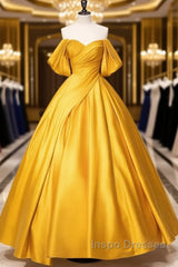Yellow Off Shoulder Satin Long Evening Prom Dress Quinceanera Dress