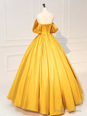 Yellow Off Shoulder Satin Long Prom Dress, Yellow Long Evening Dress