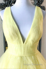 Yellow Evening Prom Dress A Line Deep V Neck Light Long Party Evening Dress with Ruffles