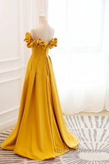 Yellow Satin A-Line Sweetheart Off Shoulder Party Dress, Yellow Long Evening Prom Dress