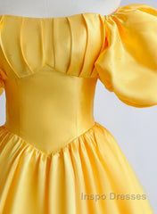 Yellow Satin Short Sleeves Party Dress, Yellow Satin Evening Prom Dress Formal Dress