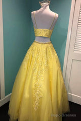 Yellow V-Neck Lace Long Prom Dress, Two Pieces Evening Graduation Dress