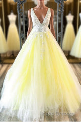 Yellow v neck tulle lace long Evening Prom Dress yellow formal Dress
