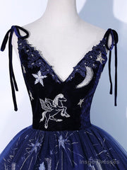 Navy Blue Tulle Long Prom Dress, Spaghetti Straps Lace Flower Backless Evening Dress