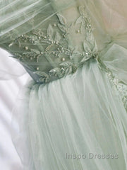 Zoom Light Green Tulle Beaded Sweetheart Long Evening Prom Dress, A-Line Green Formal Dress